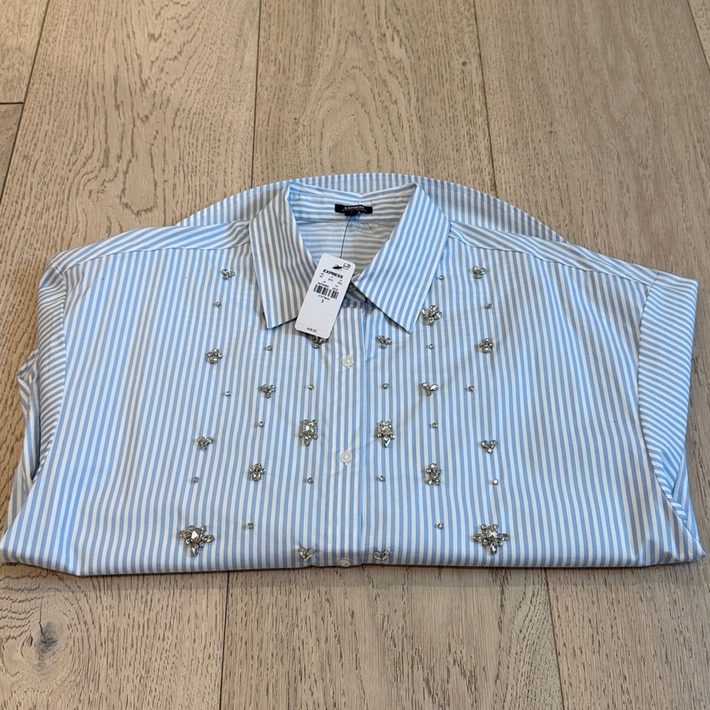 Express Embellished Striped Boyfriend Portofino Shirt in Size S | New With Tags - Picture 13 of 13